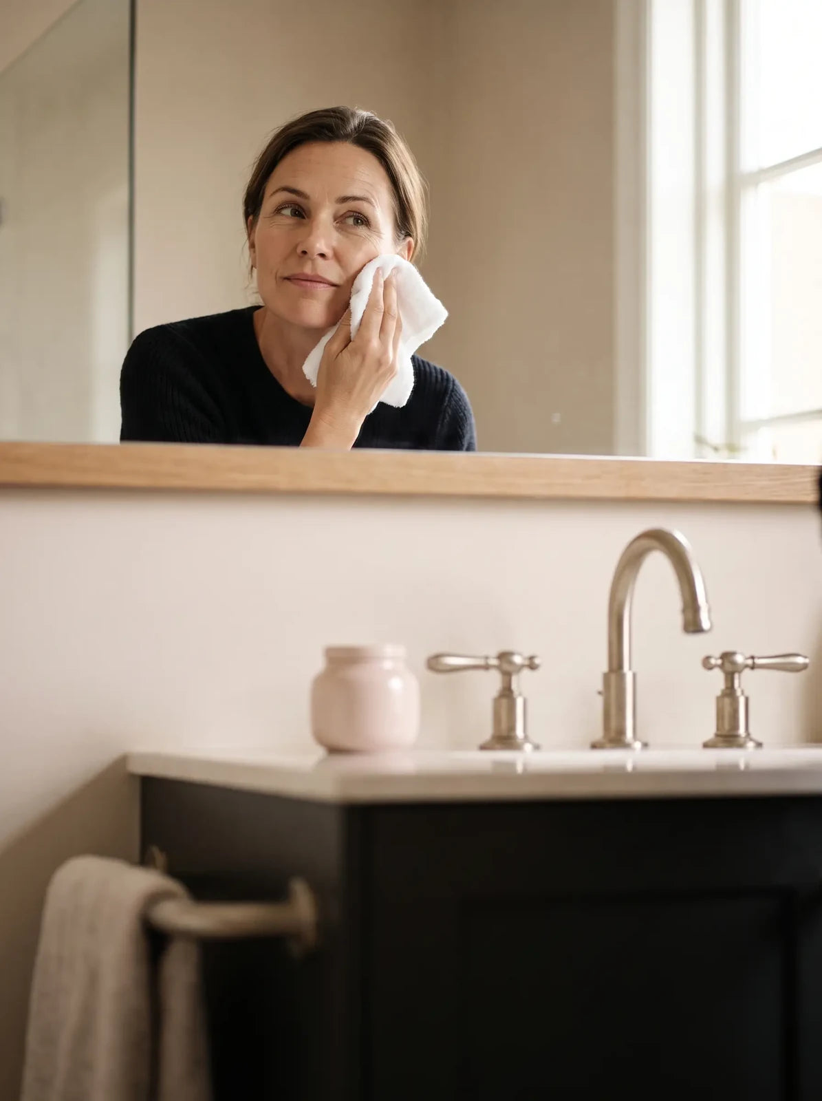 A woman preparing her skin at home